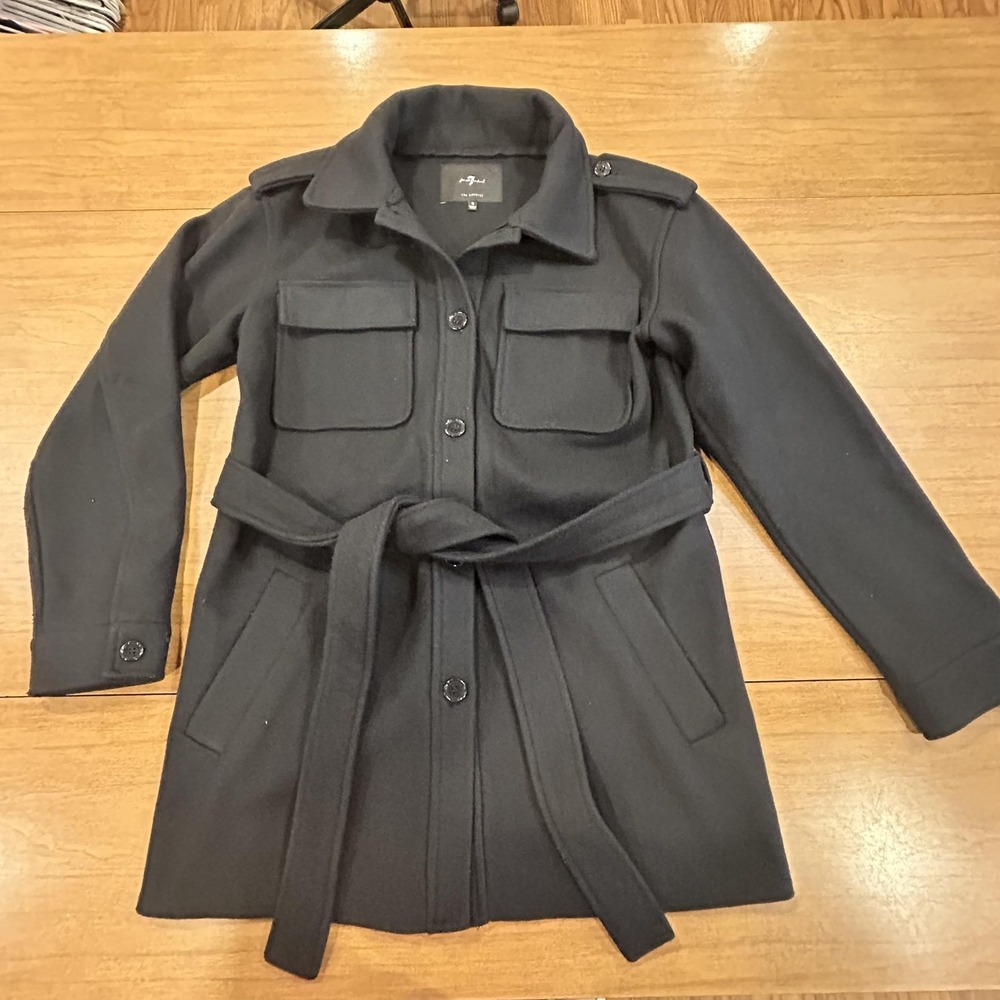 7 For All Mankind Coat Womens Small Black Belted Military Button‎ Lined Pockets